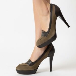 Tod's Suede Color Block Black & Brown High Heel Pump Loafers w/ Box + Dust Bag